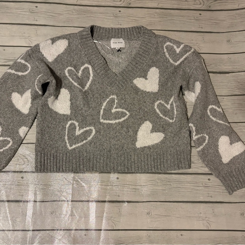 Pink Rose V-Neck Sweater with White Heart Pattern